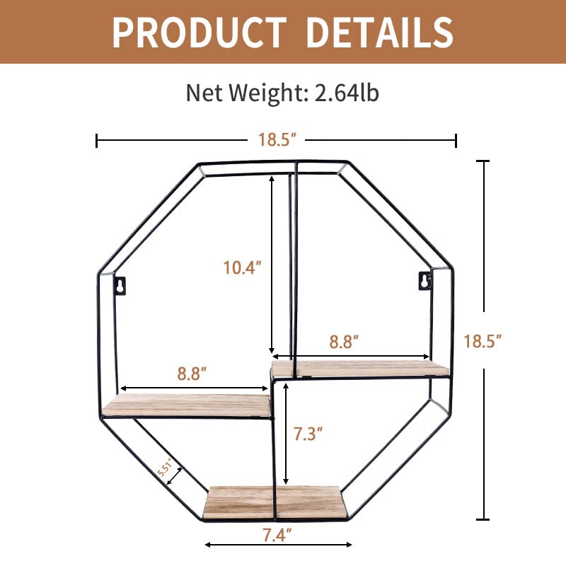 SPDELP Octagon Floating Shelf Wall Mounted Hanging Shelves, Wood Wall Storage — 🛍️ The Retail Market