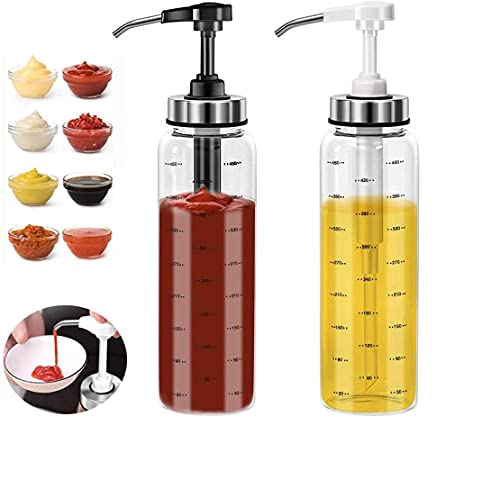 Sauce Squeeze Bottle, No Drip,Lead-Free Glass Bottles,17 Ounce Big Olive Oil Dispenser Bottle Set, Ketchup Salad Dressing Honey Oil Presser,Sticky Sauce Squeeze Bottle for Kitchen and BBQ(2 Pack)