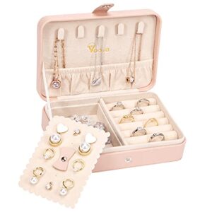 voova small jewelry organizer box, travel jewelry case for women teen girls, mini pu leather portable jewellery storage boxes holder with smart earrings plate for necklaces rings bracelets, pink