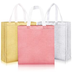 16pcs glossy reusable grocery shopping bag, non-woven tote bag with handle foldable (rose gold, silver, gold)