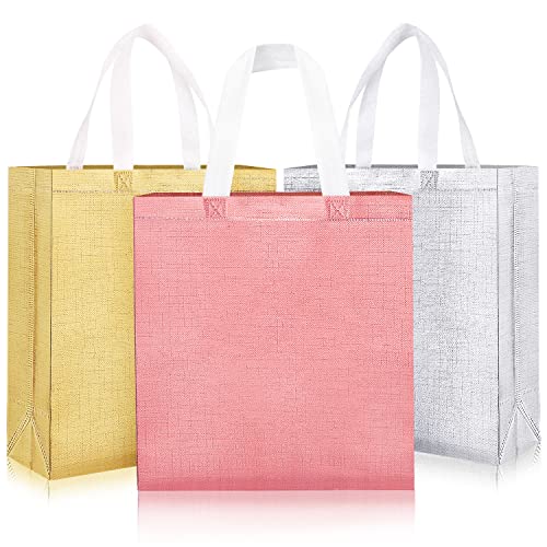 16pcs Glossy Reusable Grocery Shopping Bag, Non-woven Tote Bag with Handle Foldable (Rose Gold, Silver, Gold)