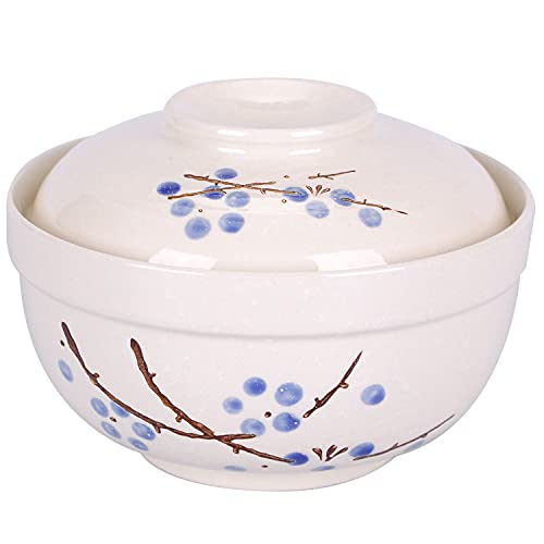 WHJY Japanese Creative Hand-painted Ceramic Tableware with Lid for Soup and Noodles, with Heat Preservation Function, Integrated Bowl and Lid - Blue Plum