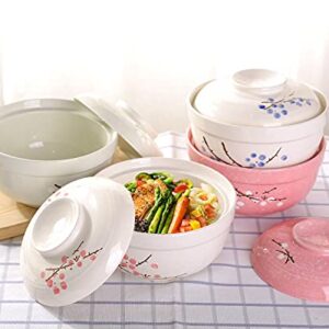 WHJY Japanese Creative Hand-painted Ceramic Tableware with Lid for Soup and Noodles, with Heat Preservation Function, Integrated Bowl and Lid - Blue Plum