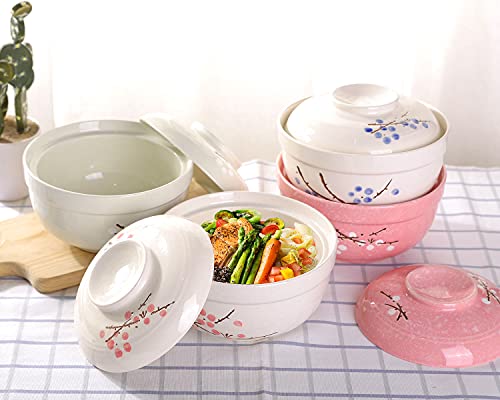 WHJY Japanese Creative Hand-painted Ceramic Tableware with Lid for Soup and Noodles, with Heat Preservation Function, Integrated Bowl and Lid - Blue Plum