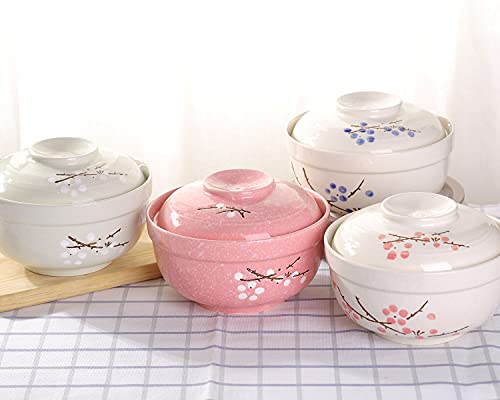 WHJY Japanese Creative Hand-painted Ceramic Tableware with Lid for Soup and Noodles, with Heat Preservation Function, Integrated Bowl and Lid - Blue Plum