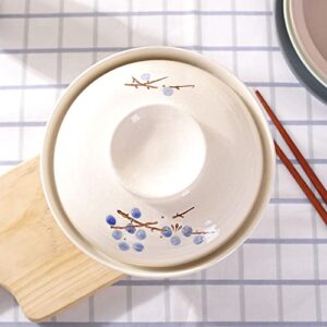 WHJY Japanese Creative Hand-painted Ceramic Tableware with Lid for Soup and Noodles, with Heat Preservation Function, Integrated Bowl and Lid - Blue Plum