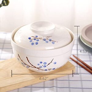 WHJY Japanese Creative Hand-painted Ceramic Tableware with Lid for Soup and Noodles, with Heat Preservation Function, Integrated Bowl and Lid - Blue Plum