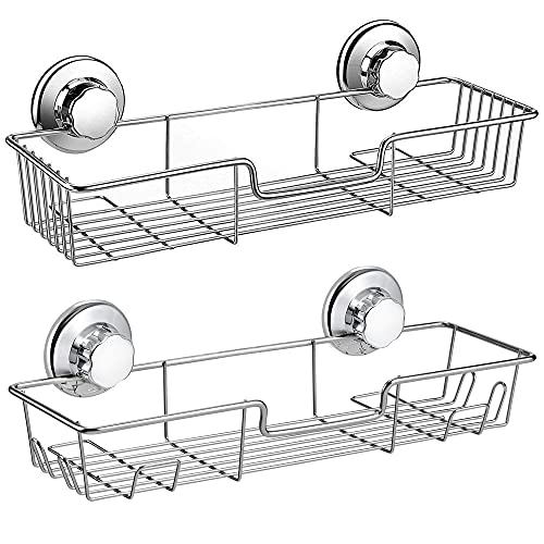 iPEGTOP Strong Suction Cup Shower Caddy Bath Shelf Storage with 4 Side Hooks, Combo Organizer Basket for Shampoo, Conditioner, Soap, Razor Bathroom Accessories, Chrome, 2 Count