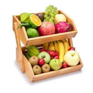 calm cozy fruit basket for kitchen, 2-tier bamboo fruit bowl for kitchen counter, kitchen organization for vegetables, bread, bowl, 12" 9" 11"