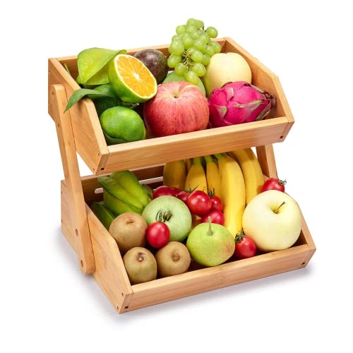 CALM COZY Fruit Basket for Kitchen, 2-Tier Bamboo Fruit Bowl for Kitchen Counter, Kitchen Organization for Vegetables, Bread, Bowl, 12" 9" 11"