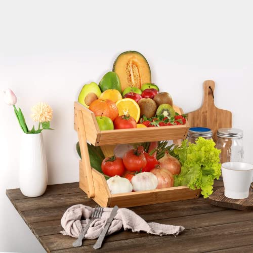 CALM COZY Fruit Basket for Kitchen, 2-Tier Bamboo Fruit Bowl for Kitchen Counter, Kitchen Organization for Vegetables, Bread, Bowl, 12" 9" 11"
