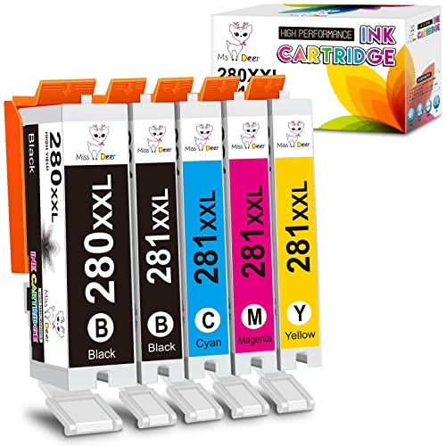 Miss Deer Compatible Ink Cartridge Replacement for Canon 280 281 PGI-280XXL CLI-281XXL for Canon Pixma TR8520 TR7520 TS6120 TS6220 TS6320 TS6300 TS6200 TS6100 TS9520 TS9521C Printer Ink (5 Pack)