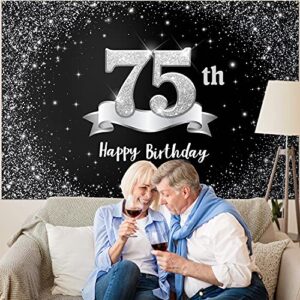 HAMIGAR 6x4ft Happy 75th Birthday Banner Backdrop - 75 Years Old Birthday Decorations Party Supplies for Women Men - Black Silver