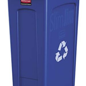 Rubbermaid Commercial Products Slim Jim Plastic Rectangular Recycling Bin with Venting Channels, 23 Gallon, Blue Recycling (FG354007BLUE) & FG267360BLUE Slim Jim Trash Can, Swing Lid, Blue