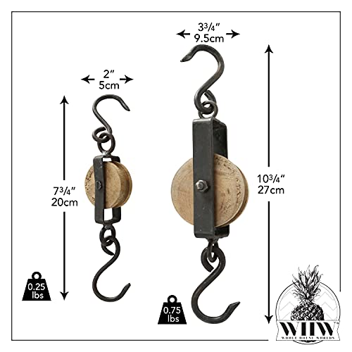 WHW Whole House Worlds Retro Rustic Hay Pulley Hook, Vintage Reproduction, Black Cast Iron, Solid Mango Wood, 10.75 and 7.75 Inches Long