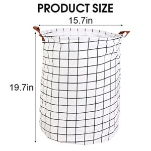 Laundry Basket, WasaFire 19.7 Inches Large Laundry Hamper Canvas Fabric Collapsible Laundry Baskets with Handles Dirty Clothes Storage Bin Toy Organizer for Bathroom, Children Bedroom (White grid)