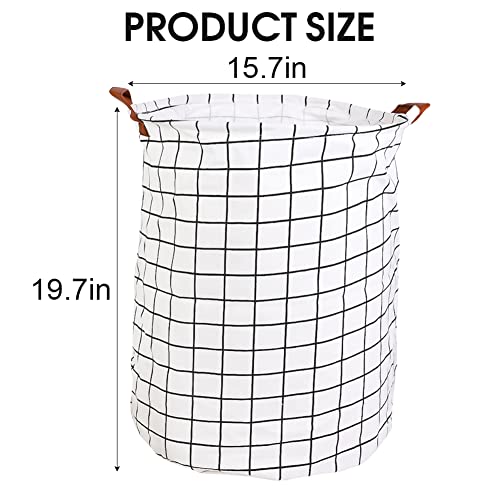 Laundry Basket, WasaFire 19.7 Inches Large Laundry Hamper Canvas Fabric Collapsible Laundry Baskets with Handles Dirty Clothes Storage Bin Toy Organizer for Bathroom, Children Bedroom (White grid)