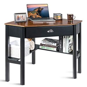 goflame computer corner desk, wood compact home office writing worstation with drawer and shelves, laptop pc corner table for small space home office (coffee)