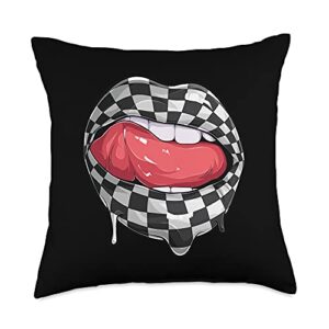 checkered black white juicy lips gift race women funny checkered black white lip racer racing car women throw pillow, 18x18, multicolor