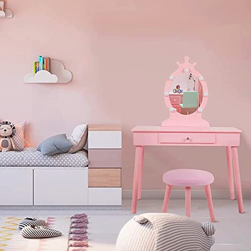 Vabches Kids Vanity Set with Mirror and Stool, Children Makeup Dressing Table with Lights, Princess Vanity Table for Toddlers, Pink