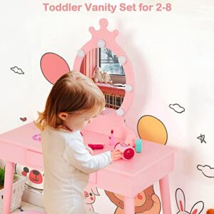 Vabches Kids Vanity Set with Mirror and Stool, Children Makeup Dressing Table with Lights, Princess Vanity Table for Toddlers, Pink