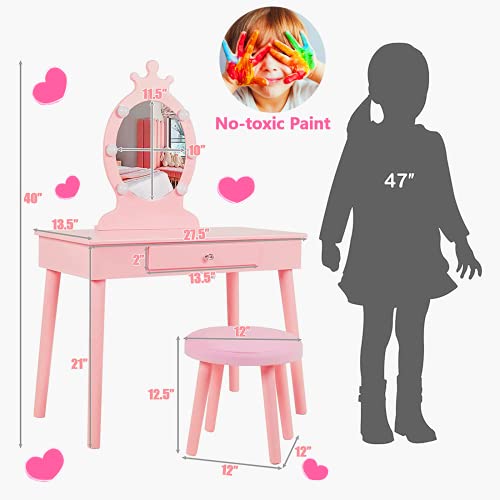 Vabches Kids Vanity Set with Mirror and Stool, Children Makeup Dressing Table with Lights, Princess Vanity Table for Toddlers, Pink