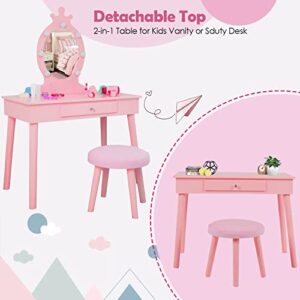 Vabches Kids Vanity Set with Mirror and Stool, Children Makeup Dressing Table with Lights, Princess Vanity Table for Toddlers, Pink
