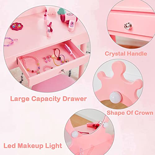 Vabches Kids Vanity Set with Mirror and Stool, Children Makeup Dressing Table with Lights, Princess Vanity Table for Toddlers, Pink