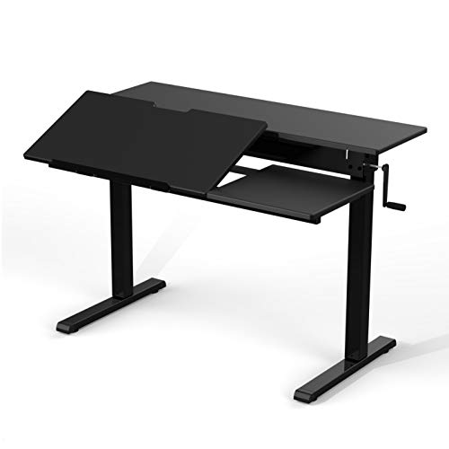 Stand Up Desk Store 48" Crank Adjustable Height Split Level Drafting Table Ergonomic Desk with Monitor Shelf (Black/Black)