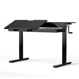 Stand Up Desk Store 48" Crank Adjustable Height Split Level Drafting Table Ergonomic Desk with Monitor Shelf (Black/Black)