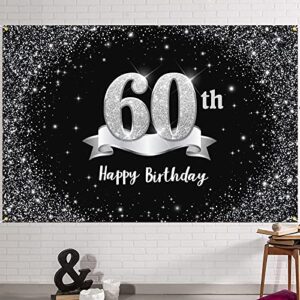 hamigar 6x4ft happy 60th birthday banner backdrop - 60 years old birthday decorations party supplies for women men - black silver