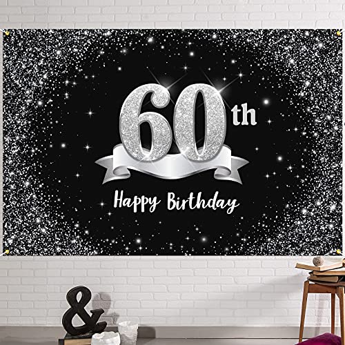 HAMIGAR 6x4ft Happy 60th Birthday Banner Backdrop - 60 Years Old Birthday Decorations Party Supplies for Women Men - Black Silver