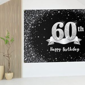 HAMIGAR 6x4ft Happy 60th Birthday Banner Backdrop - 60 Years Old Birthday Decorations Party Supplies for Women Men - Black Silver