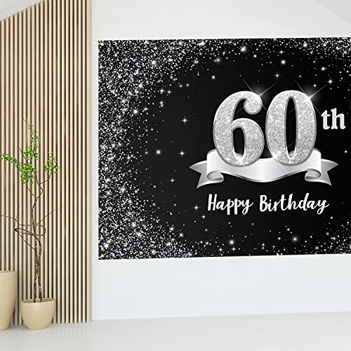 HAMIGAR 6x4ft Happy 60th Birthday Banner Backdrop - 60 Years Old Birthday Decorations Party Supplies for Women Men - Black Silver