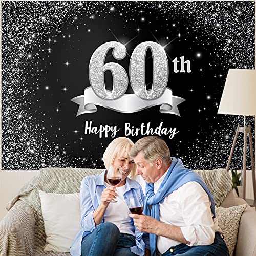 HAMIGAR 6x4ft Happy 60th Birthday Banner Backdrop - 60 Years Old Birthday Decorations Party Supplies for Women Men - Black Silver