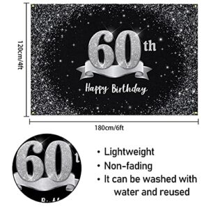 HAMIGAR 6x4ft Happy 60th Birthday Banner Backdrop - 60 Years Old Birthday Decorations Party Supplies for Women Men - Black Silver