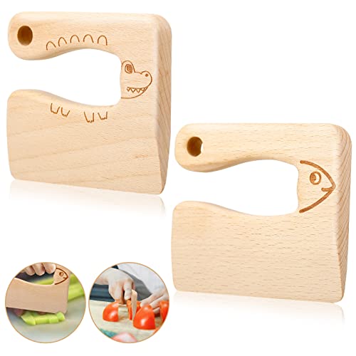 Sosation 2 Pieces Wooden Kids Knife for Cooking, Children's Safe Knives Wooden Kids Knife for Cooking and Cutting Veggies Fruits, Cute Fish and Crocodile Shape Kitchen Tool for 2-10 Years Old Kid