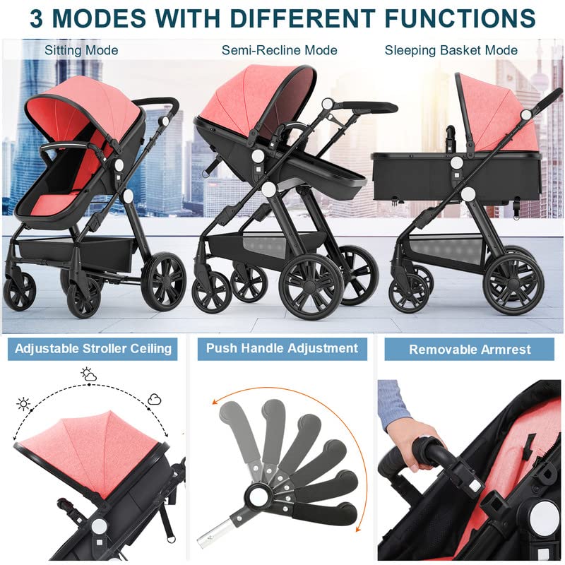 Newborn Infant Baby Bassinet Stroller - Sleeping & Sitting Mode 2 in 1 All Terrain High Landscape Shock Absorption Sunshade Comfortable Baby Toddler Strollers for 0-36 Months Old Babies