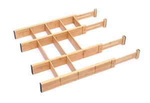 bambamboo adjustable 17-22in bamboo dividers organizers with 9 inserts, expandable spring loaded drawer dividers for kitchen, dresser, bedroom, bathroom, office, and garage (4 pack)