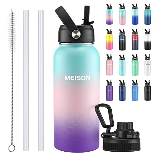 Insulated Water Bottle With Straw 32oz, Sports Water Bottle 1 Liter, Reusable Wide Mouth Vacuum 18/8 Stainless Steel Thermos Flask, Double Wall, BPA-Free (Hydrangea, 32oz)