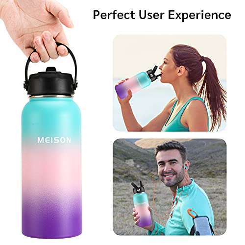 Insulated Water Bottle With Straw 32oz, Sports Water Bottle 1 Liter, Reusable Wide Mouth Vacuum 18/8 Stainless Steel Thermos Flask, Double Wall, BPA-Free (Hydrangea, 32oz)