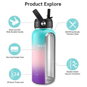 Insulated Water Bottle With Straw 32oz, Sports Water Bottle 1 Liter, Reusable Wide Mouth Vacuum 18/8 Stainless Steel Thermos Flask, Double Wall, BPA-Free (Hydrangea, 32oz)
