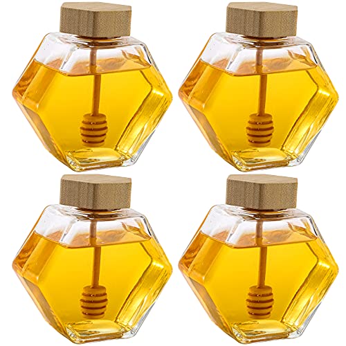 DEAYOU 4 Pack 7 Oz Honey Pot Jars, Glass Honey Pot with Wooden Dipper and Cork Lid, Hexagon Shape Honey Container Dispenser Storage, Clear Heat-Resistant Honeypot for Home, Kitchen