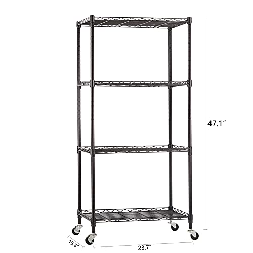 4 Shelf Garage Shelving Unit, Metal Shelves with Wheels Heavy Duty (168 lbs per Shelf), Adjustable Storage Rack, NSF Wire Shelving, Utility Shelf for Kitchen Pantry Rack, Black