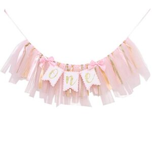 highchair banner 1st birthday girl - tulle and ribbon banner for first birthday, cake smash photo prop, party supplies (pink)