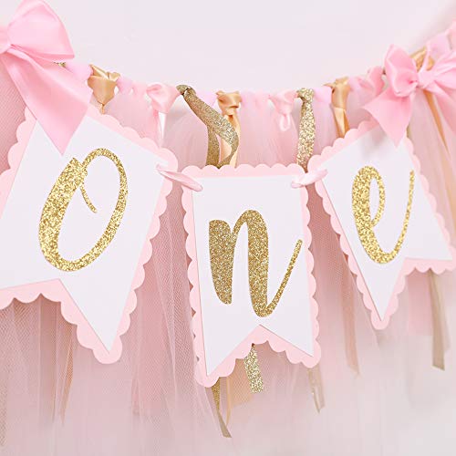 Highchair Banner 1st Birthday Girl - Tulle And Ribbon Banner For First Birthday, Cake Smash Photo Prop, Party Supplies (Pink)