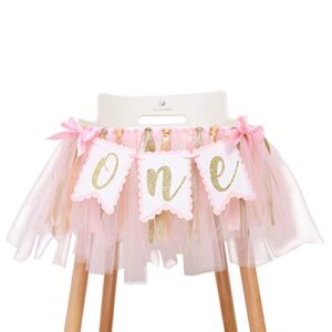 Highchair Banner 1st Birthday Girl - Tulle And Ribbon Banner For First Birthday, Cake Smash Photo Prop, Party Supplies (Pink)