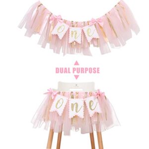 Highchair Banner 1st Birthday Girl - Tulle And Ribbon Banner For First Birthday, Cake Smash Photo Prop, Party Supplies (Pink)