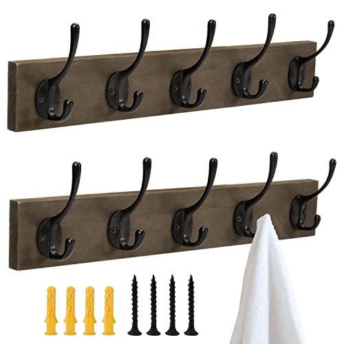 BEIUTAO Coat Rack Wall Mounted, Wooden Board Coat Rack with 5 Coat Hooks, Heavy Duty, Wall Hooks for Coat Towel Bags, Entryway, Bathroom (Black, 2 Packs)