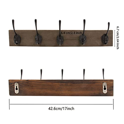 BEIUTAO Coat Rack Wall Mounted, Wooden Board Coat Rack with 5 Coat Hooks, Heavy Duty, Wall Hooks for Coat Towel Bags, Entryway, Bathroom (Black, 2 Packs)